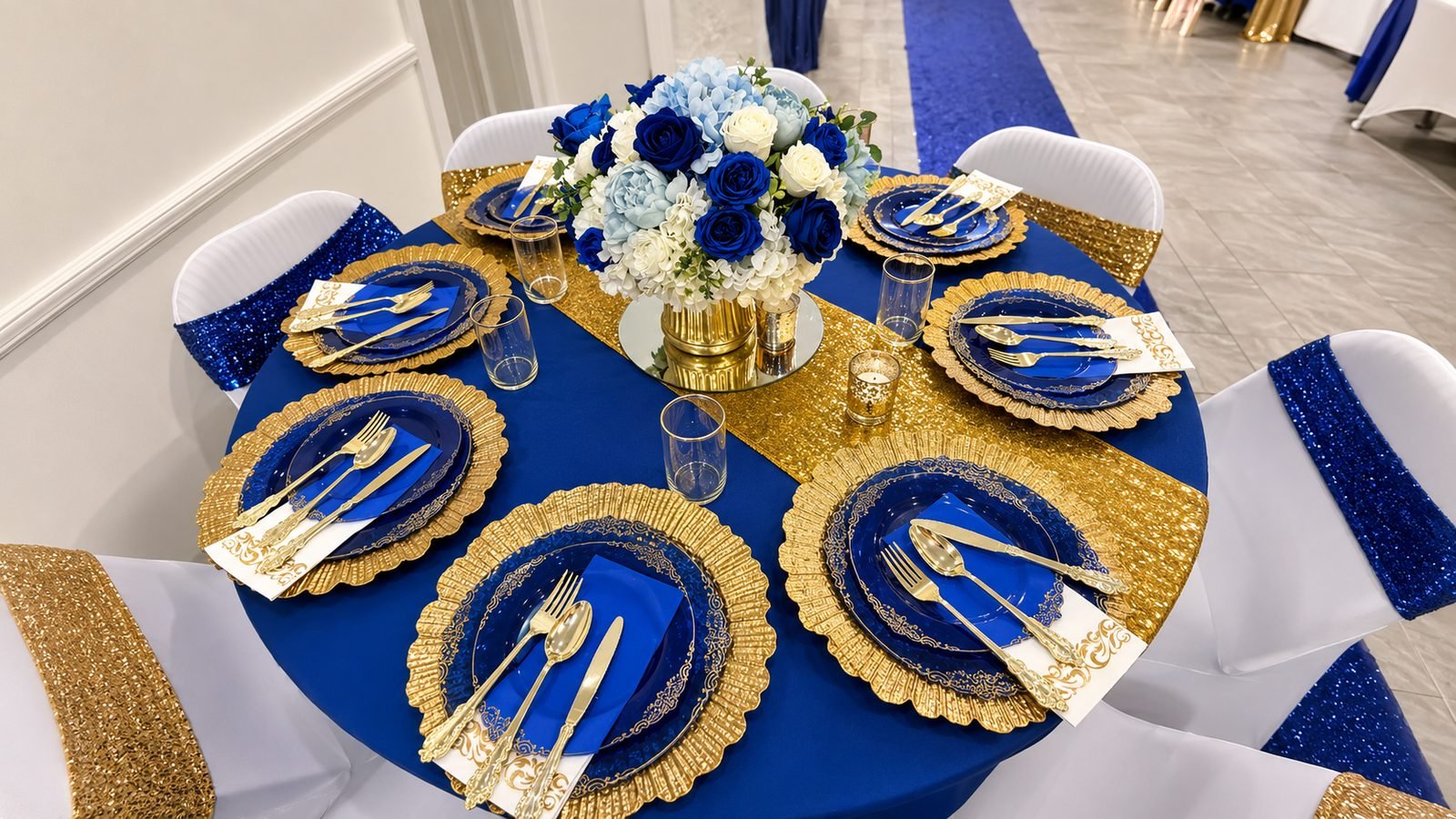 Elegant Blue and Gold Banquet Setup